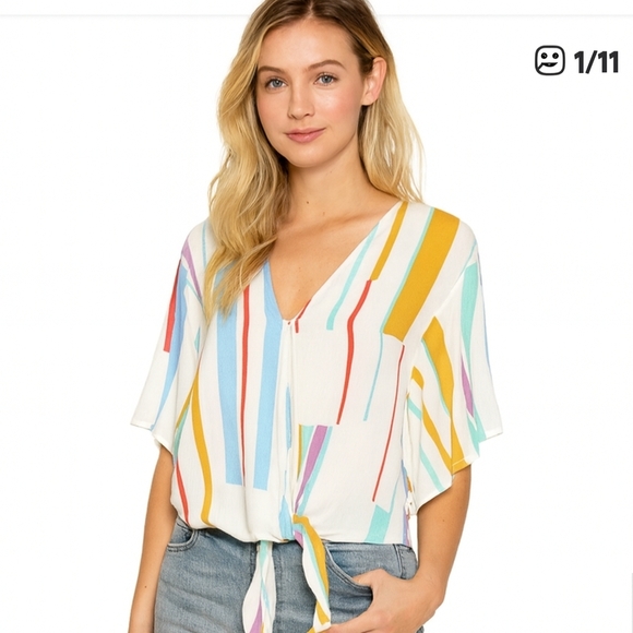 Lovestitch Striped Multicolor Vibrant Tie Blouse Casual Boho Chic Coastal V Neck - Picture 1 of 12